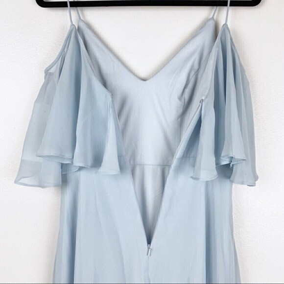 Jenny Packham Cold-Shoulder Chiffon Gown Light Blue Ruffle Maxi Size 2 NWT - Picture 6 of 10